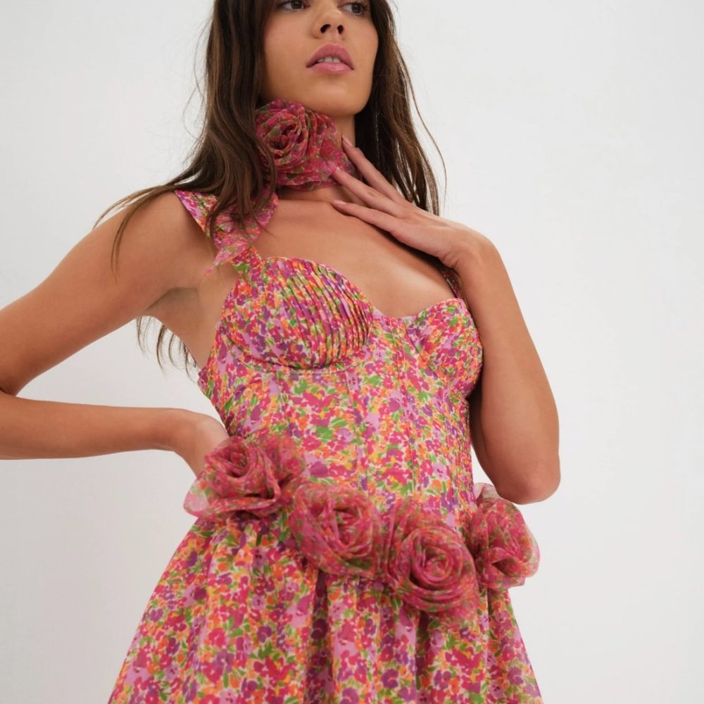 SOLD - For Love & Lemons Layton  Pink Rose Mini Medium Dress NEW NWT - Picture 4 of 13